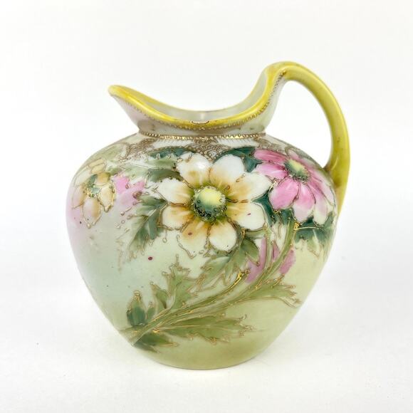 Antique Nippon Hand Painted Moriage Pitcher Vase Blue Maple Leaf Mark - Picture 2 of 9